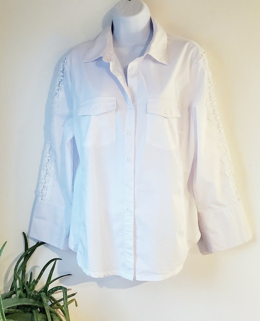 Zac & Rachel Womens White 3/4 Sleeve Lace Button Down Shirt Size L/XL Bridal